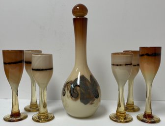 Vintage 1970s Nourot Art Glass Decanter & Wine Glass Set - All Unique - Neutral Amber Beige