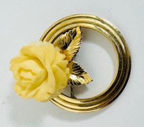 VINTAGE 12K GOLD-FILLED CARVED IVORY FLOWER BROOCH