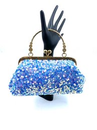 Blue Iridescent Sequin Statement Bag With Goldtone  Metal Snap Closure And Handle