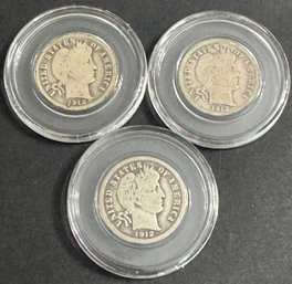 3 Barber Silver Dimes 1912, 1912-D, 1912-S