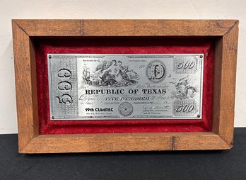 Republic Of Texas Framed Metal Award On Currency Like Plate