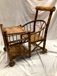 1970s Hong Kong Bamboo Wheeled Children's Stroller / Garden Plant Stand Holder