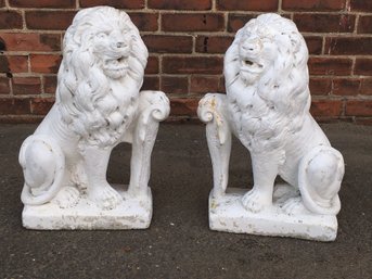 Fantastic Estate Fresh Concrete Lions - Opposing Pair Or Right & Left - Old Worn, Crackled White Paint - WOW !