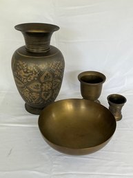 4 Piece Brass Decorative Lot - Etched Brass Tall Vase, Peerage England Brass Footed Bowl, Apothecary Mortar