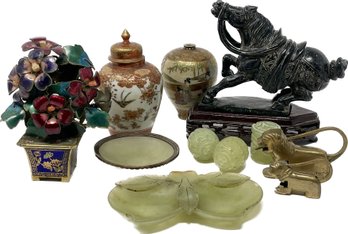 Chinese War Horse, Antique Carved Jade Trinket Dish, Brass Lion Padlocks, Cloisonne Flower Pot And More