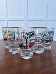 New Old Stock -LIBBEY Currier And Ives Lot Of 7 Glasses