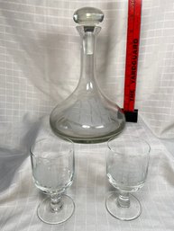 Clear Etched Ship Decanter And 2 Glasses  No Chips