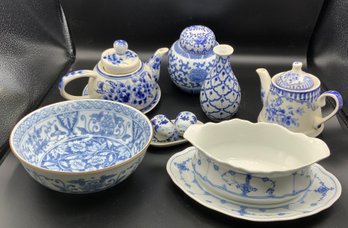 Blue & White China Lot ~ Antique Porsgrund Gravy Boat, Bowl, Teapots & More ~