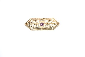 Antique 14k Yellow Gold Var Pin With Amethyst