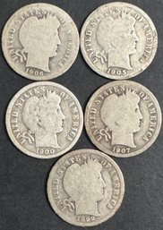 5 Barber Silver Dimes 1899, 1900, 1905-S, 1906, 1907