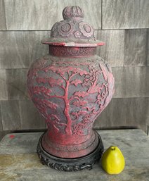 Large 19' Antique Chinese Carved Cinnabar Ginger Jar