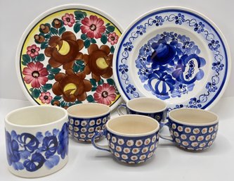Vintage Polish Hand Made Stoneware Mugs, Platter, Large Bowl & Small Bowl