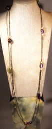 VINTAGE STERLING SILVER GENUINE AMETHYST AND ART GLASS LIQUID SILVER NECKLACE 64' LONG