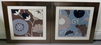 Pair Of Floral Paper Abstracts In Bronze Brushed Satin Metal Frames