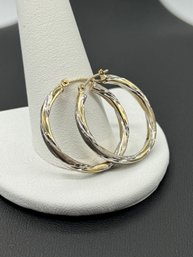 Unique 10k White & Yellow Gold Twist Hoop Earrings