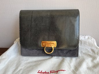 Salvatore Ferragamo Vintage 'Gancini' Flap Crossbody Handbag Lizard & Suede - Compare At $850