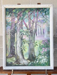 Bright And Colorful Trees & Flowers Oil On Canvas In Old Handmade Wood Frame