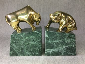 Incredible Neiman Marcus - Wall Street - Bull & Bear Bookends Great Gift For Stock Broker - Brass & Marble