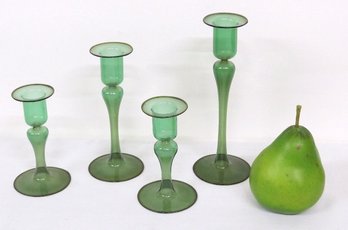 Four Blown Glass Hollow Stem Candle Holders In Green