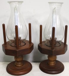 Pair Of Vintage Wood Table Top Center Piece Candle Holders With Glass Chimney