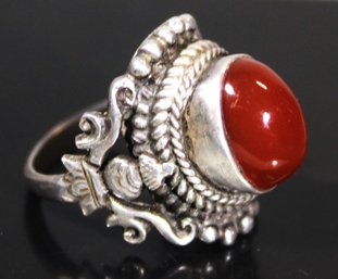 FINE STERLING SILVER FANCY INDONESIAN RING CABOCHON CARNELIAN STONE SIZE 6