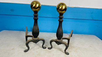 Antique Brass And Cast Iron Fireplace Andirons
