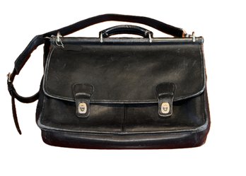 Coach Black Leather Laptop Briefcase With Handle, Shoulder Strap And Double Clasp Closure