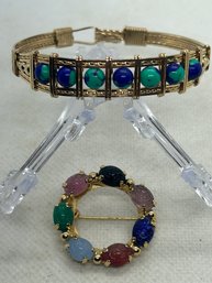 Vintage Chrysocolla Bead Bracelet And Carved Semi-precious Gemstone Scarab Brooch/pin