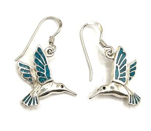 Beautiful Sterling Silver Turquoise Inlay Detailed Bird Dangle Earrings