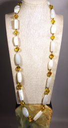 Vintage Mother Of Pearl And Citrine Colored Crystal Beaded Necklace 30'