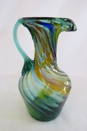 Colorful Multicolored Hand Blown Art Glass Swirl Pitcher