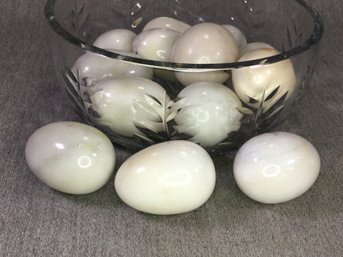 Lot Of 13 Vintage Marble / Alabaster Eggs - Comes With Vintage BRIERLEY Cut Crystal Bowl - Very Nice Lot !