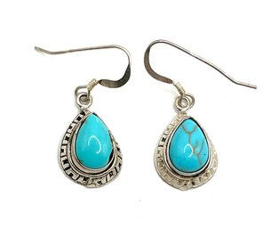 Vintage Sterling Silver Turquoise Ornate Dangle Earrings