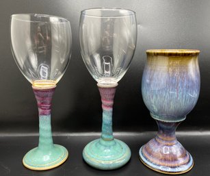 Set Wine Glasses With Glazed Ceramic Stem, Signed & Ceramic Goblet