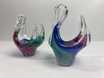 Two Colorful Glass Candy Dish Swans (2)