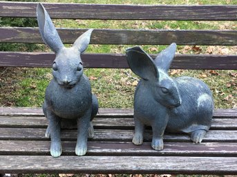 Two Beautiful Vintage Bronze ? Lead ? Garden Rabbits - Hollow But Still Heavy - GREAT Garden Decor - Wow !