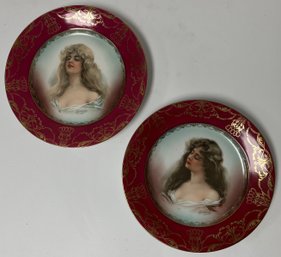 Antique Pair Hand Painted Porcelain Portrait Plates - Constance - Ladies - H & C Imperial Carlsbad Austria
