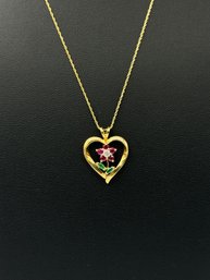 Beautiful 10k Yellow Gold Emerald, Ruby & Diamond Heart Pendant Necklace