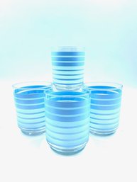 Set Of 4 Frosted Graduated Blue Striped Double Old Fashioned Glasses