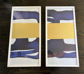 Pair Of Framed Abstract Prints - Blue, Gold, Black