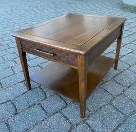 Vintage Wooden MCM Accent Table W/ Faux Basketweave Drawer Front