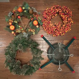 Collection Of Three Holiday Wreaths And Christmas Tree Stand