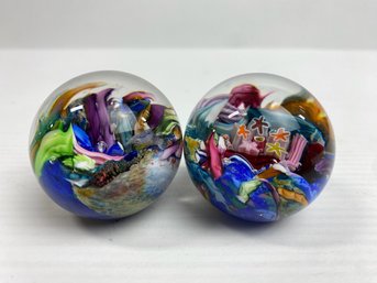 Two Colorful Art Glass Paperweights Signed Sweet (2)