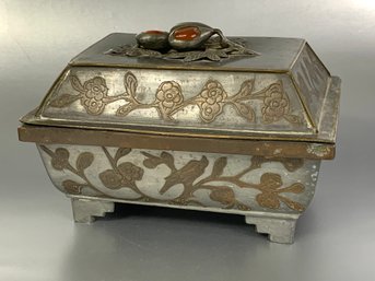 Vintage Chinese Footed & Lidded Box With  Hardstone Flowers