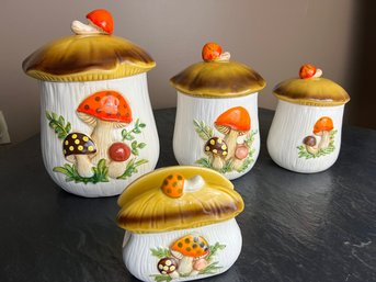 Vintage 1970s Sears Roebuck Mushroom Kitchen Canisters & Napkin Holder Set