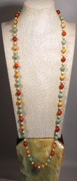 Fine Multi Colored Jade And Pearl Gold Filled Necklace 32' Long