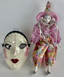 Vintage Harlequin Doll And Signed Ceramic Mask (2)