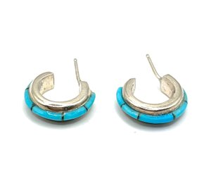 Vintage Sterling Silver Turquoise Color Hoop Earrings