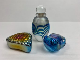 Iridescent Art Glass, Signed: R. Held Frog, R. Held Heart &  Eickholt Perfume