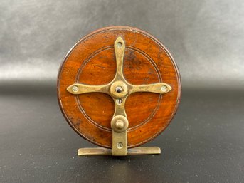 A Vintage Fishing Reel In Wood & Brass #1